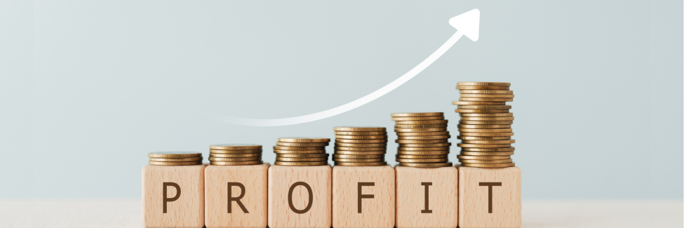 blocks that spell PROFIT with coins increasing on each letter to show a growing profit
