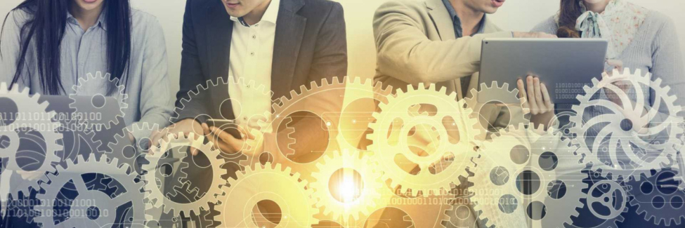 gears overlaying an image of business people working