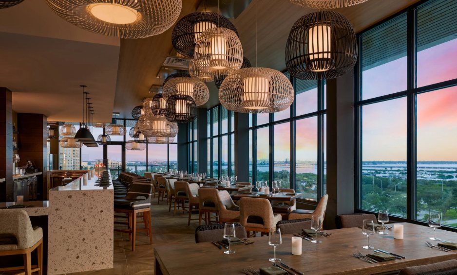 The Oyster River Rooftop dining room at sunset