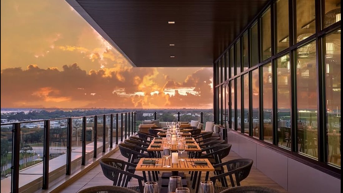 The Oyster River Rooftop terrace at sunset